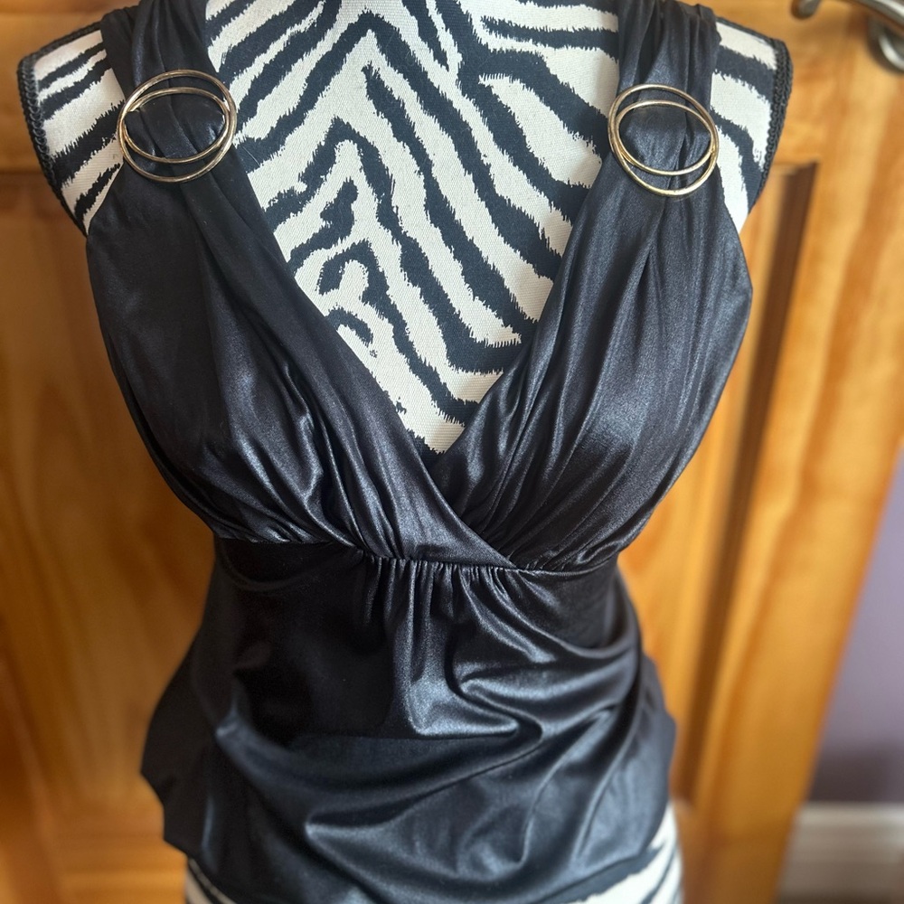 Bebe Black Asymmetrical Ruched Tank Top